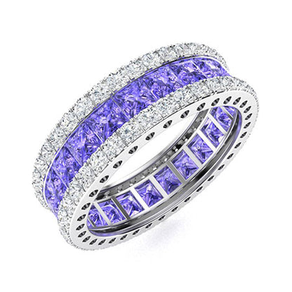 "Princess-Cut Tanzanite and Moissanite Wedding Ring for Women – Natural AAAA Tanzanite with Diamond-Look Stones in Elegant Band"
