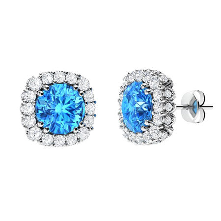 VBlue Topaz and Moissanite Halo Earrings for Women – Radiant Diamond-Look Studs in 925 Sterling Silver, Yellow Gold, Rose Gold, or White Gold