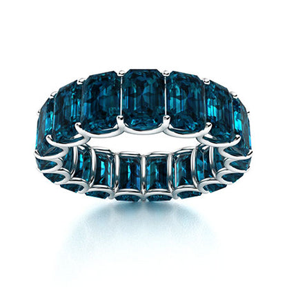 "Emerald-Cut London Blue Topaz and Moissanite Ring for Women – Elegant 925 Silver Wedding Band with Diamond-Look Stones"