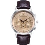 Emporio Armani AR2433 Chronograph 43mm Beige Dial Men’s Watch with Brown Leather Strap – Swiss ETA Quartz Movement 1:1 Super Clone Replica