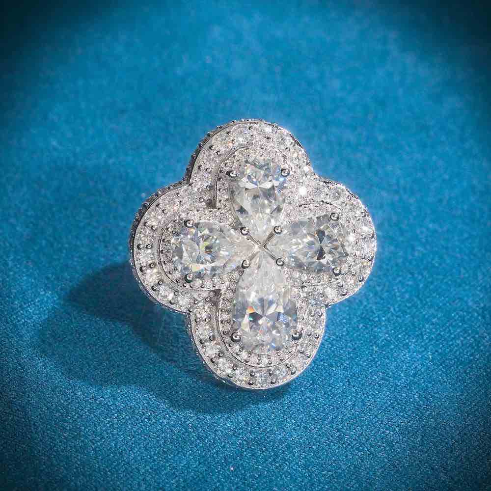 "Moissanite Four Leaf Clover Ring – VVS D-Color Iced Out 925 Sterling Silver Lucky Statement Jewelry"