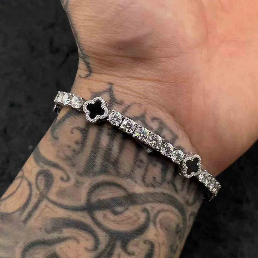 4mm Moissanite Four-Leaf Clover Tennis Bracelet – VVS Diamond-Look Lucky Charm Jewelry in 925 Sterling Silver, Yellow, Rose & White Gold Finishes