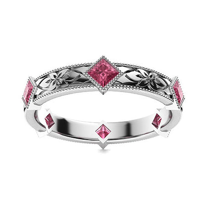 "Princess-Cut Pink Tourmaline and Moissanite Wedding Ring for Women – Elegant Diamond-Look Band in 925 Sterling Silver, Yellow Gold, Rose Gold, or White Gold"