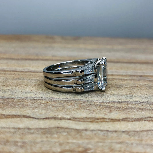 "Three Stone Emerald Cut Moissanite Trio Ring Set – VVS D-Color 925 Sterling Silver Bridal Jewelry for Women"