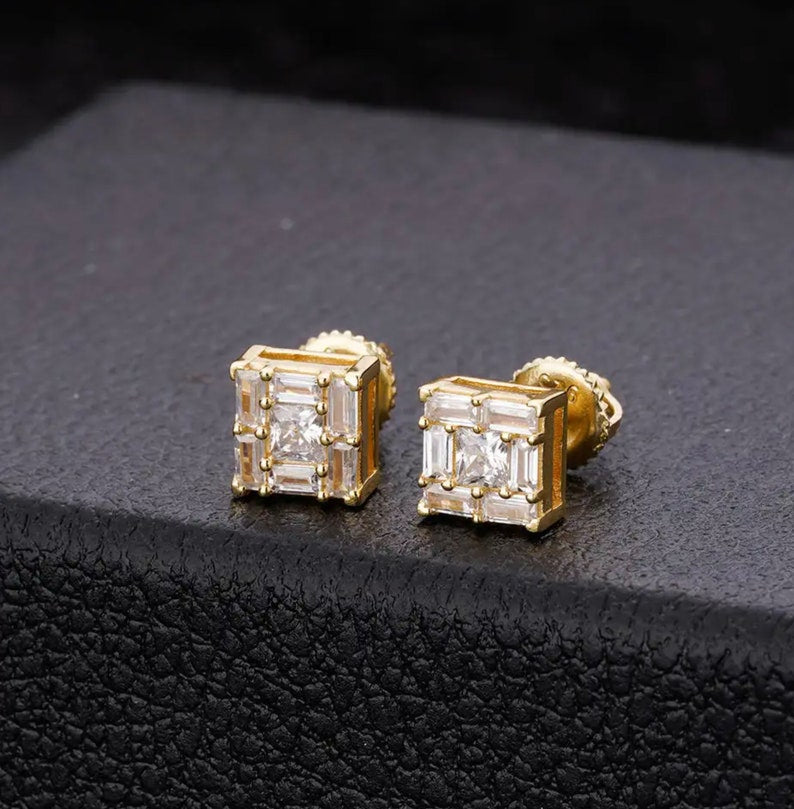 MW Classic VVS Moissanite 925 Sterling Silver Baguette Square Shape Studs Hip Hop Bust Down MW_SE1010