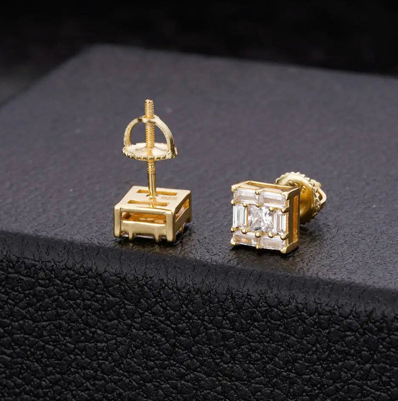 MW Classic VVS Moissanite 925 Sterling Silver Baguette Square Shape Studs Hip Hop Bust Down MW_SE1010