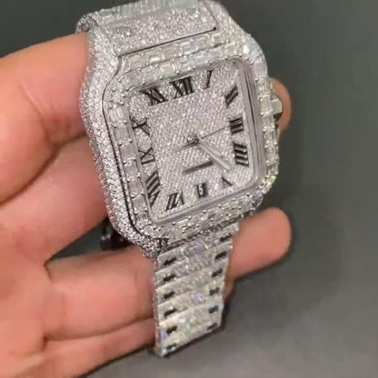 MW Fully Moissanite Square Roman Dial  Watch Hip Hop Premium High Quality White Gold  Movement Studded  Bust Down VVS  Iced Out  MW_C1030