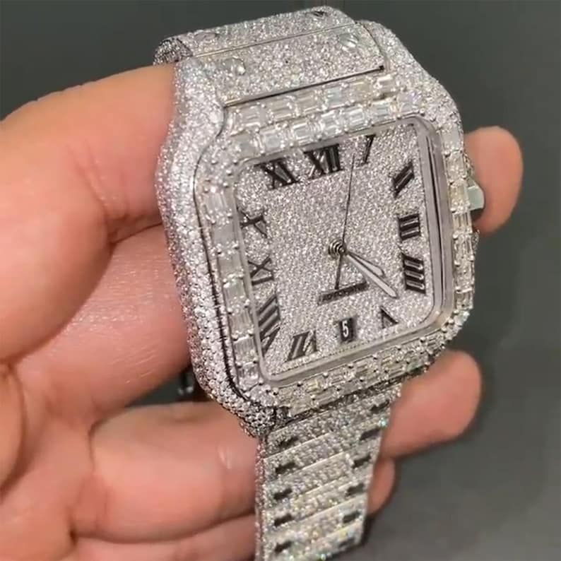 MW Fully Moissanite Square Roman Dial  Watch Hip Hop Premium High Quality White Gold  Movement Studded  Bust Down VVS  Iced Out  MW_C1030