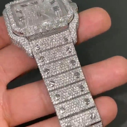 MW Fully Moissanite Square Roman Dial  Watch Hip Hop Premium High Quality White Gold  Movement Studded  Bust Down VVS  Iced Out  MW_C1030