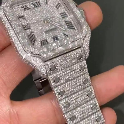 MW Fully Moissanite Square Roman Dial  Watch Hip Hop Premium High Quality White Gold  Movement Studded  Bust Down VVS  Iced Out  MW_C1030