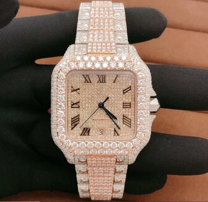 MW Premium Customized Square Dial Moissanite Diamond Studded Watch, Automatic Movement Watch, Fully Iced out Watch Stainless Steel Bust Down Watch For Men Diamond Hip hop Bust Down Watch