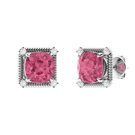 "Cushion-Cut Pink Tourmaline and Moissanite Halo Earrings for Women – Sparkling Diamond-Look Studs in 925 Sterling Silver or Gold Finish"