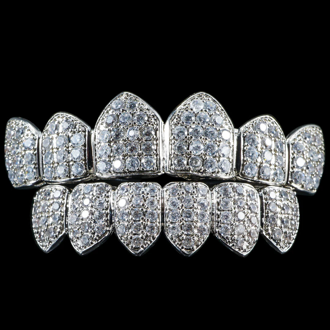 "White Gold Plated Moissanite & CZ Cluster Grillz for Women – Iced Out Premium Diamond-Look Teeth Jewelry"