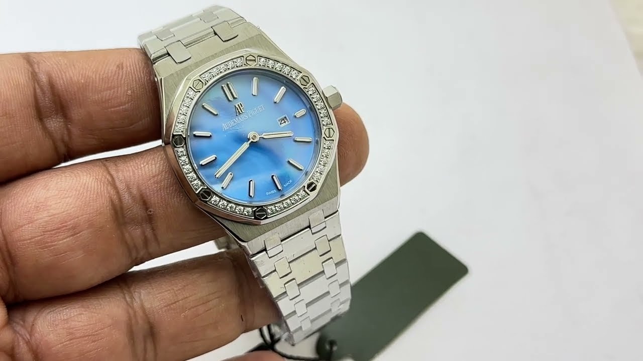 "Aude Piguet Royal Oak 34mm Diamond Bezel Sky Blue Mother of Pearl Dial Ladies Watch – Swiss ETA Quartz Movement | 1:1 Super Clone Luxury Replica"