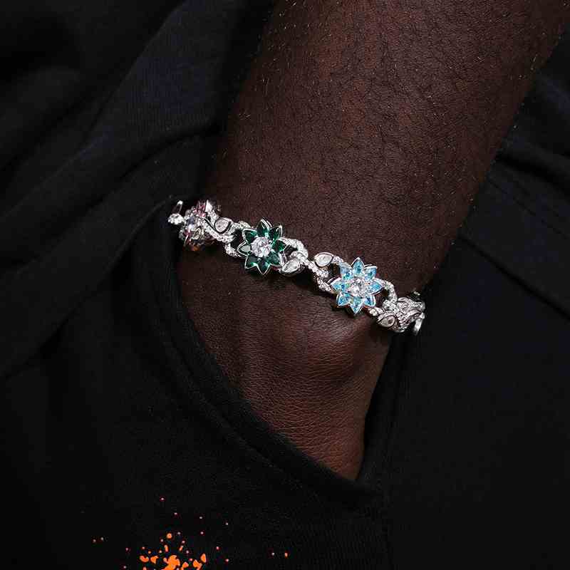 14mm Moissanite Colored CZ Flower Link Bracelet – VVS Diamond-Look Floral Jewelry in 925 Silver, Yellow, Rose & White Gold Finishes