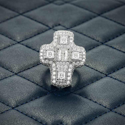 "Moissanite Baguette Cross Ring – Iced Out VVS D-Color 925 Sterling Silver Religious Statement Ring for Men & Women"