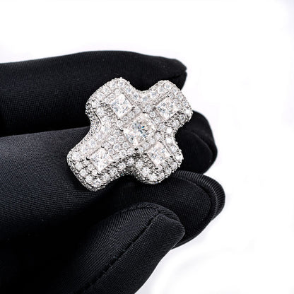 "Moissanite Baguette Cross Ring – Iced Out VVS D-Color 925 Sterling Silver Religious Statement Ring for Men & Women"