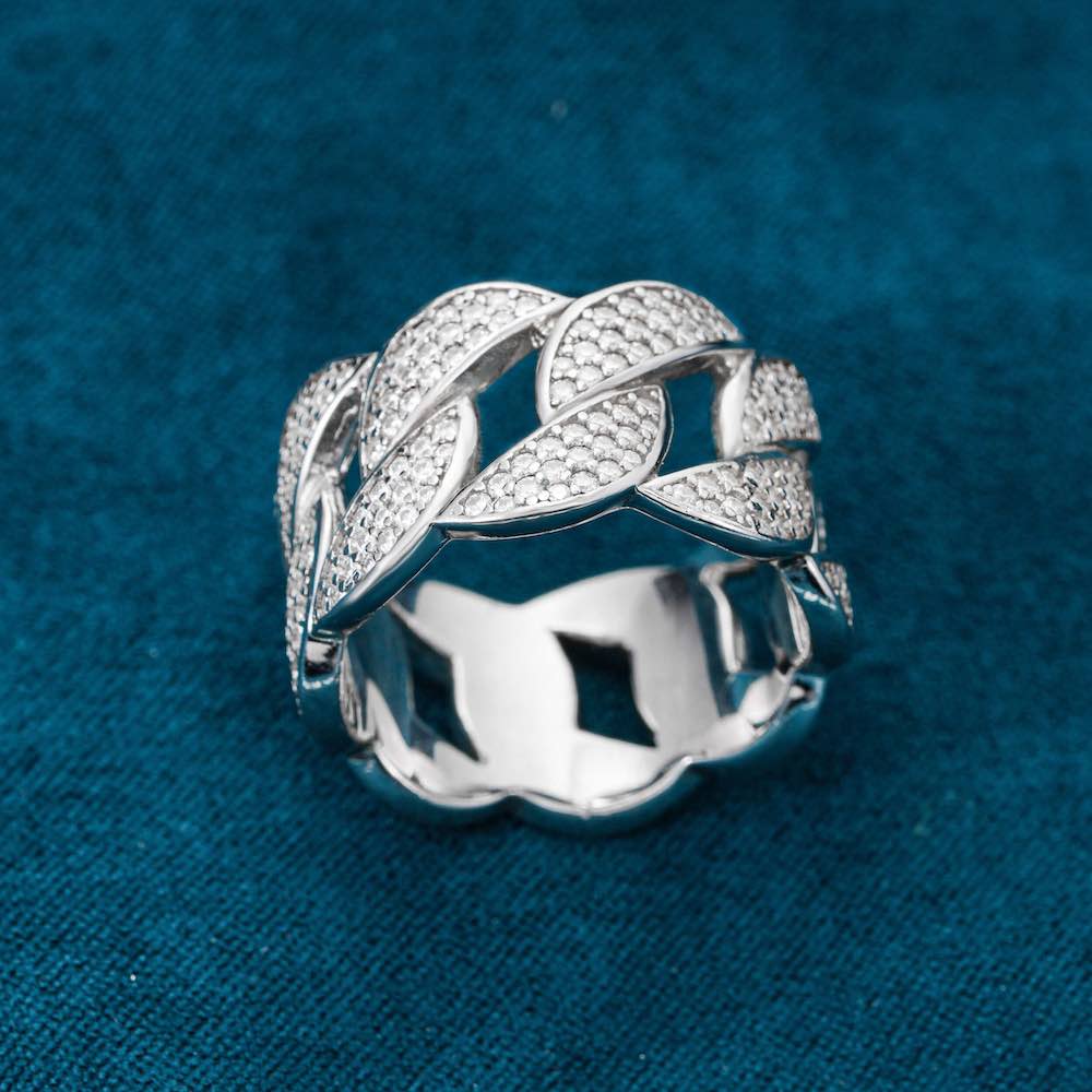 "Moissanite 3-Row Cuban Link Ring – Iced Out VVS D-Color 925 Sterling Silver Chain Band for Men & Women"
