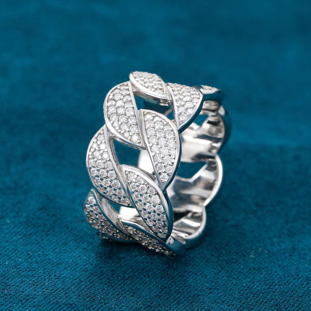 "Moissanite 3-Row Cuban Link Ring – Iced Out VVS D-Color 925 Sterling Silver Chain Band for Men & Women"