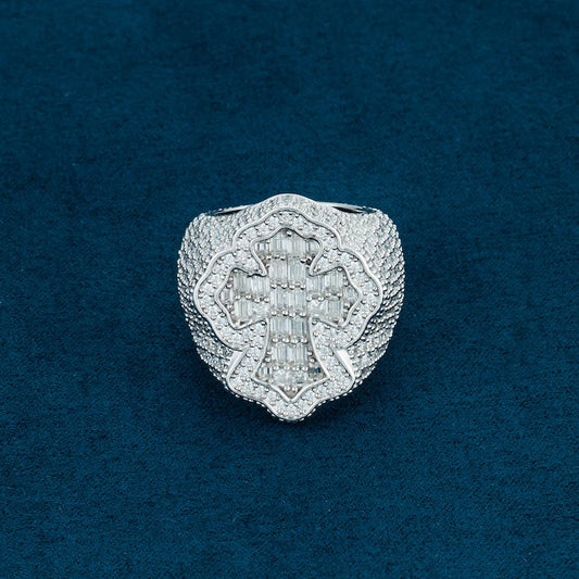 "Moissanite Cross Ring for Men – Iced Out VVS D-Color 925 Sterling Silver Religious Statement Jewelry"