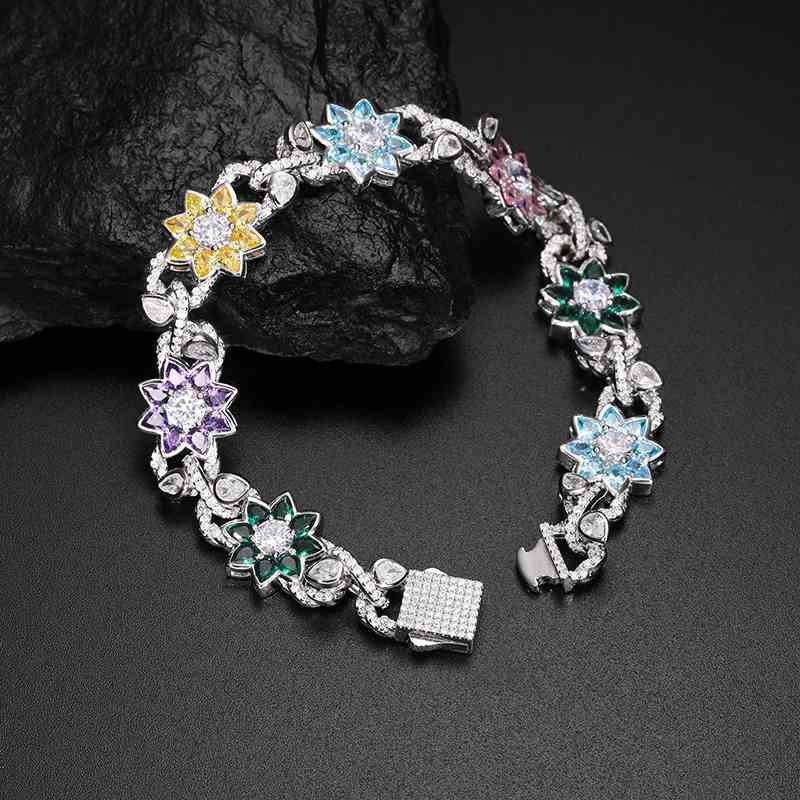 14mm Moissanite Colored CZ Flower Link Bracelet – VVS Diamond-Look Floral Jewelry in 925 Silver, Yellow, Rose & White Gold Finishes