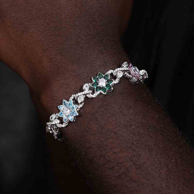 14mm Moissanite Colored CZ Flower Link Bracelet – VVS Diamond-Look Floral Jewelry in 925 Silver, Yellow, Rose & White Gold Finishes