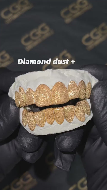"Solid Gold Diamond Cut Grillz with Moissanite & Diamond Dust for Women – Iced Out Custom Teeth Jewelry with Luxury Shine"