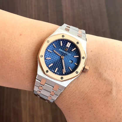 "Aude Piguet Royal Oak 34mm Diamond Bezel Blue Dial Ladies Watch – Swiss ETA Quartz Movement | 1:1 Super Clone Luxury Replica"