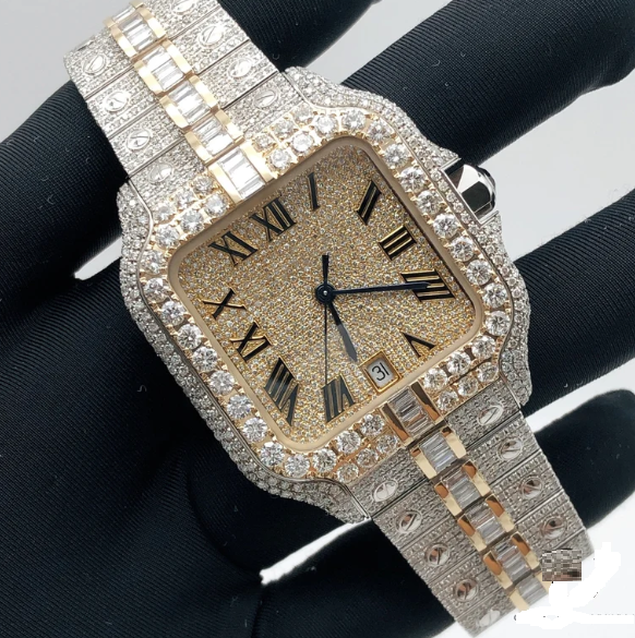 MW Fully Moissanite Baguette Square Roman Dial  Luxury Stylish Automatic Moissanite  Watch Hip Hop  Movement Studded  Bust Down   Iced Out  MW_C1037