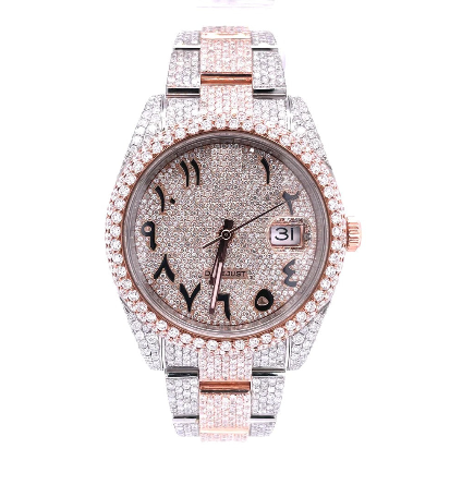 MW Fully Premium Round Arabic Dial Watch For Unisex  Iced Out VVS Rose Ton Color Diamond Hip Hop Bust Down Watch Movement Watch Fully Iced out Watch MW_R1052