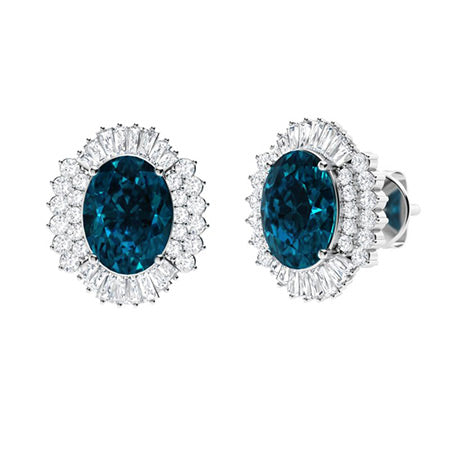 "London Blue Topaz and Moissanite Halo Earrings for Women – Deep Ocean-Hue Diamond-Look Studs in 925 Sterling Silver, Yellow Gold, Rose Gold, or White Gold