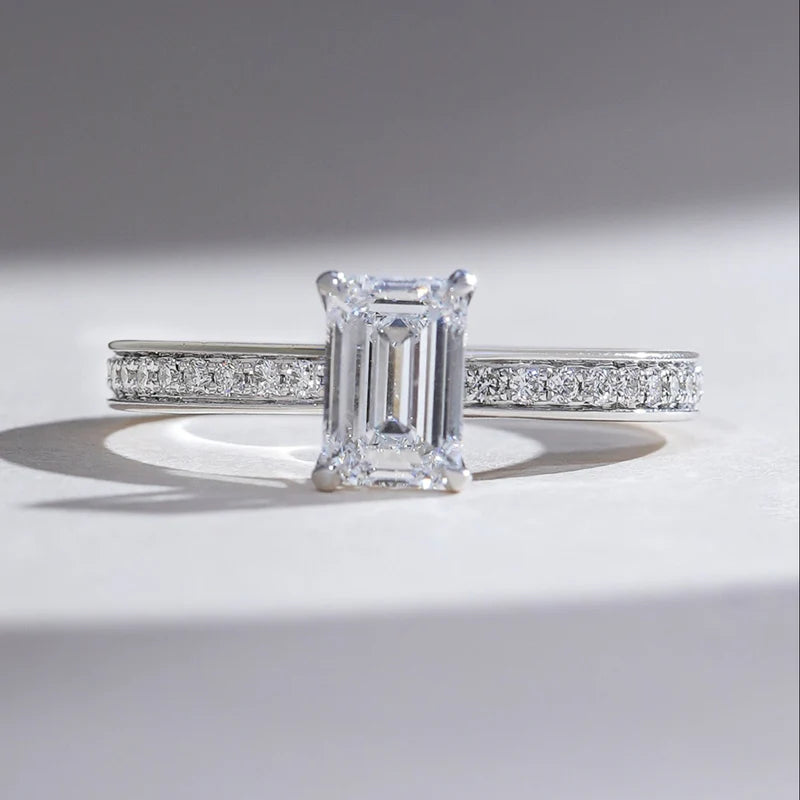 Emerald Cut Moissanite or Diamond Hidden Halo Engagement Ring – Elegant 925 Sterling Silver Proposal Ring for Women