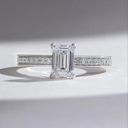 Emerald Cut Moissanite or Diamond Hidden Halo Engagement Ring – Elegant 925 Sterling Silver Proposal Ring for Women