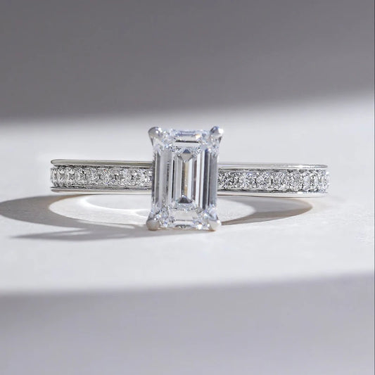 Emerald Cut Moissanite or Diamond Hidden Halo Engagement Ring – Elegant 925 Sterling Silver Proposal Ring for Women