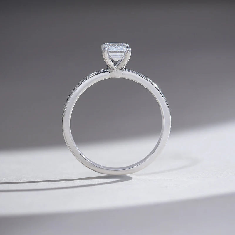 Emerald Cut Moissanite or Diamond Hidden Halo Engagement Ring – Elegant 925 Sterling Silver Proposal Ring for Women