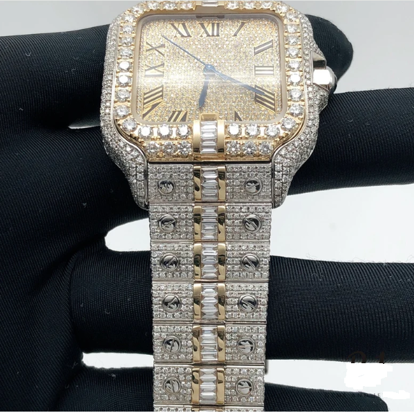 MW Fully Moissanite Baguette Square Roman Dial  Luxury Stylish Automatic Moissanite  Watch Hip Hop  Movement Studded  Bust Down   Iced Out  MW_C1037