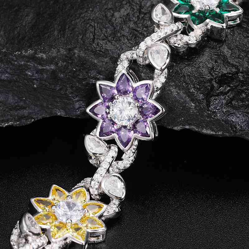14mm Moissanite Colored CZ Flower Link Bracelet – VVS Diamond-Look Floral Jewelry in 925 Silver, Yellow, Rose & White Gold Finishes