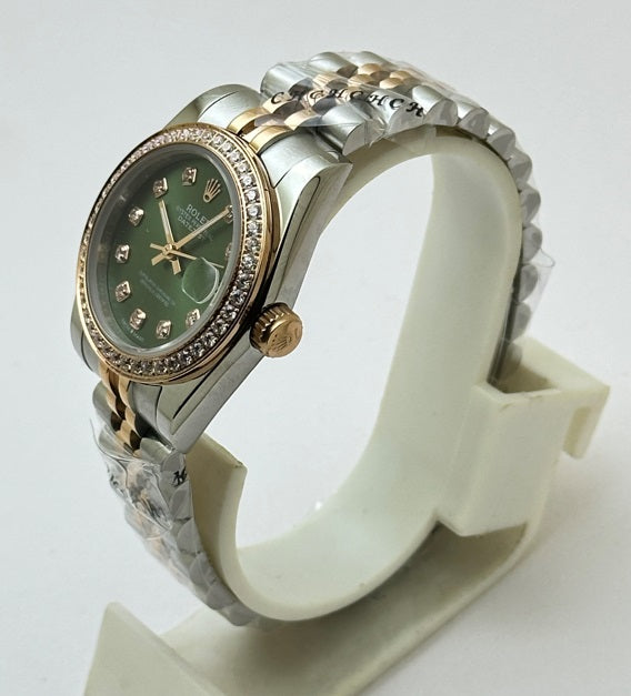 "Role Datejust 36mm Green Dial Women’s Watch with Diamond Bezel & Two-Tone Bracelet – Swiss ETA Automatic Movement 1:1 Super Clone Replica"