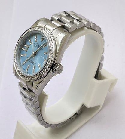 "Role Datejust 36mm Ice Blue Dial Women’s Watch with Diamond Bezel – Swiss ETA Automatic Movement 1:1 Super Clone Luxury Replica"