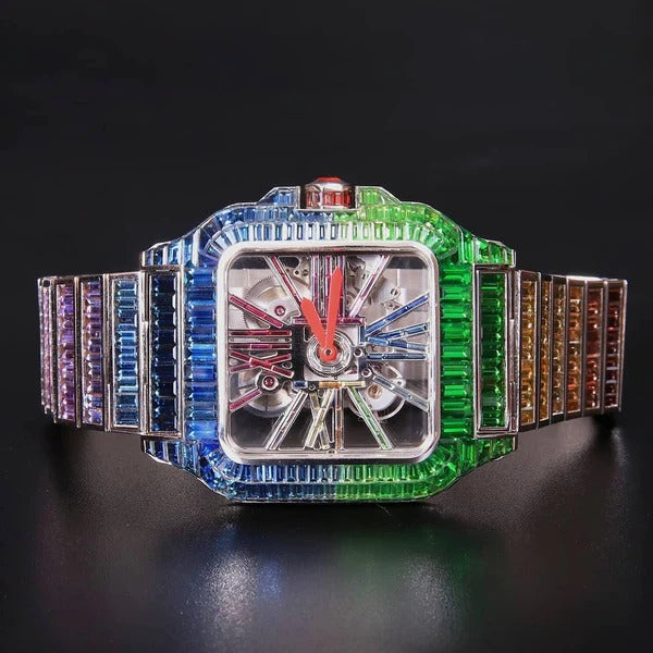 MW Luxury Baguette Skeleton Automatic Square Dial VVS Moissanite Stainless Steel Watch Hip Hop MW_C1014